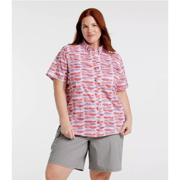 L.L.Bean Women's Size 2X Tropicwear Short‎ Sleeve Fish Print Button Down Shirt - Picture 1 of 10